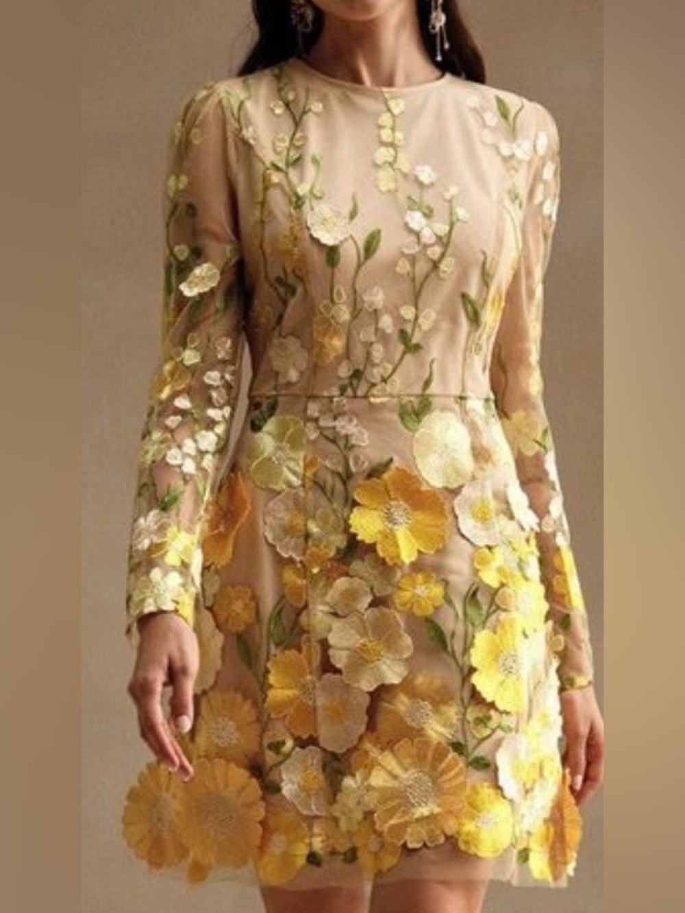 Embroidered Yellow & White Floral Sheer Mini Dress